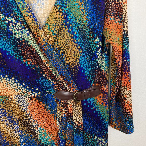 London Style Faux Wrap Dress Size 10 Colorful Artsy Abstract Print Belt Detail - Picture 2 of 7